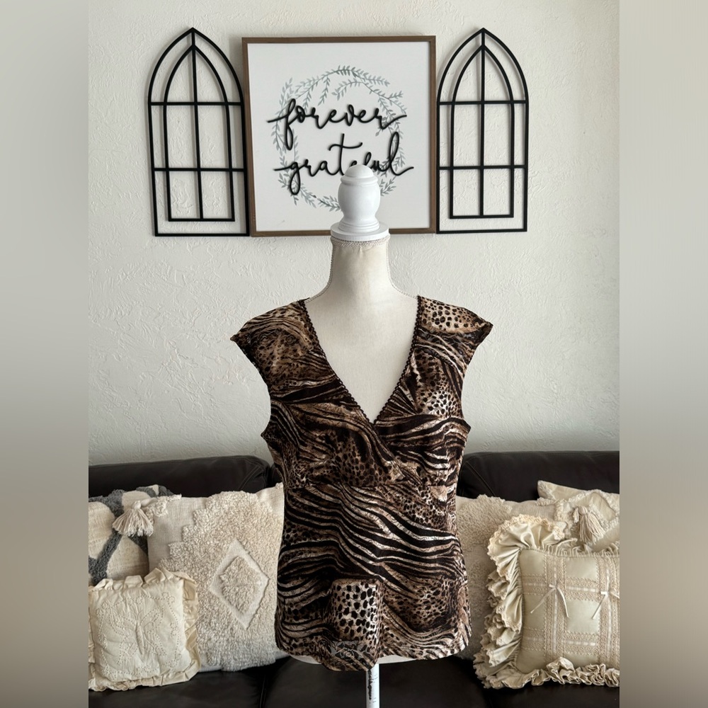 Vintage Y2K 90’s AGB Animal Print V Neck Mesh Tank Size XL Streetwear Retro